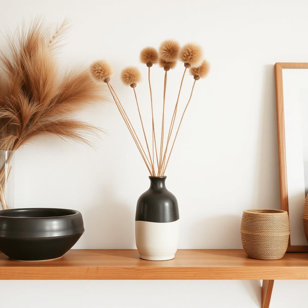 Ceramic vase with dried stems on a wooden shelf