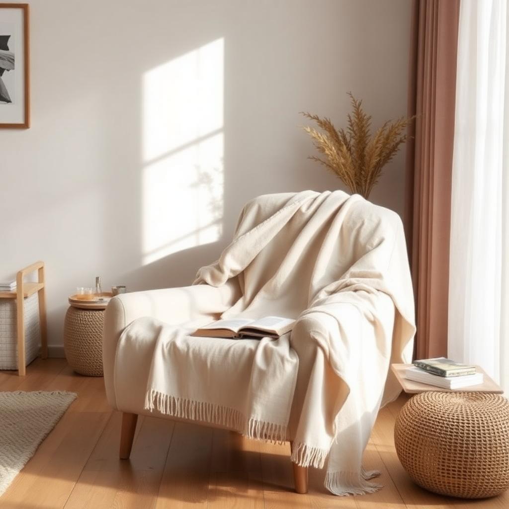 Linen throw draped over a beige lounge chair with a book