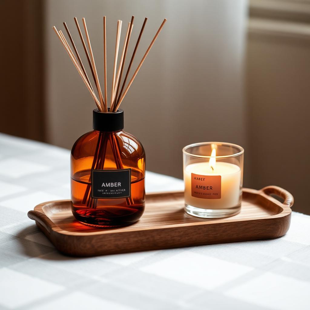 Amber reed diffuser and lit candle on a wooden tray
