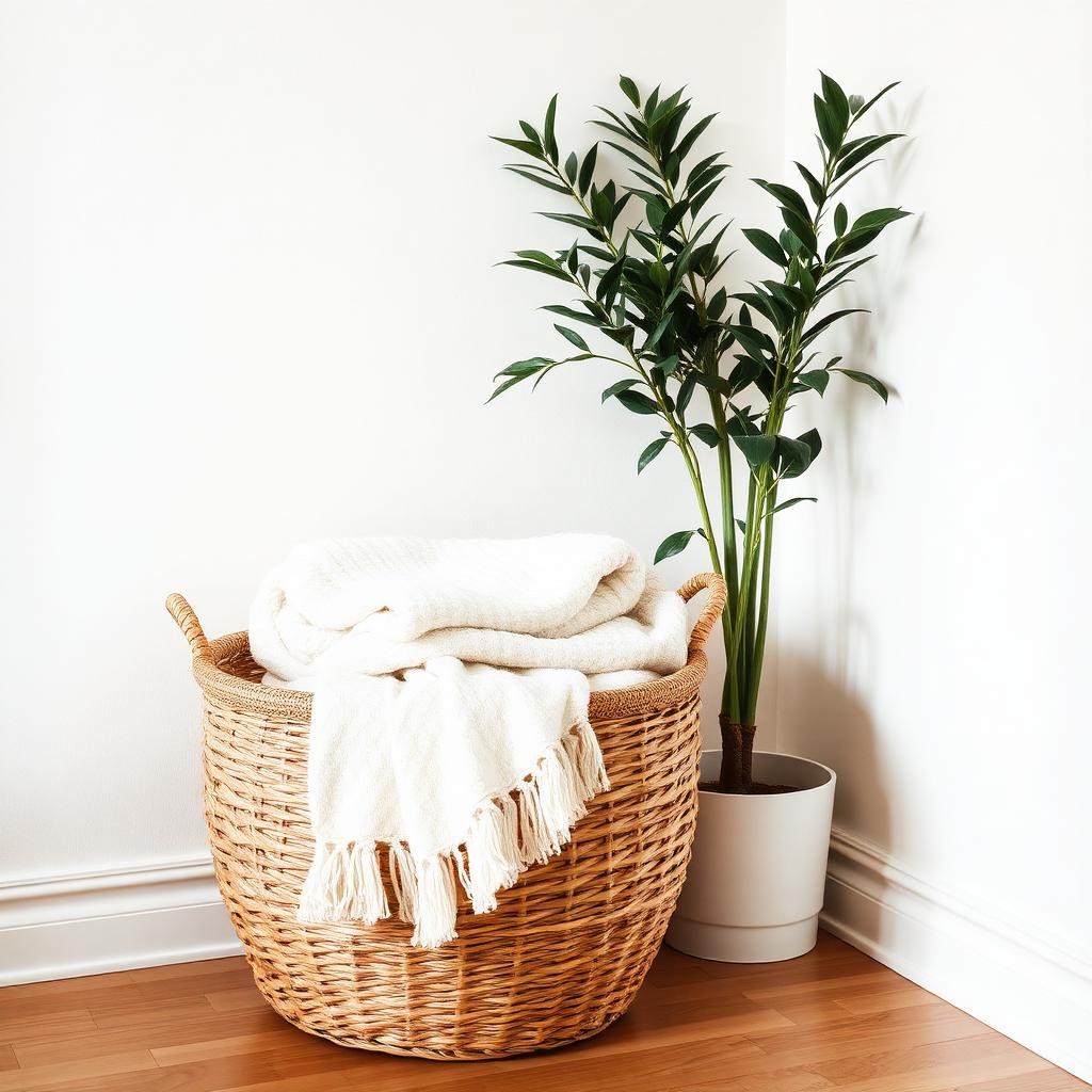 Woven seagrass basket with folded blankets beside a plant