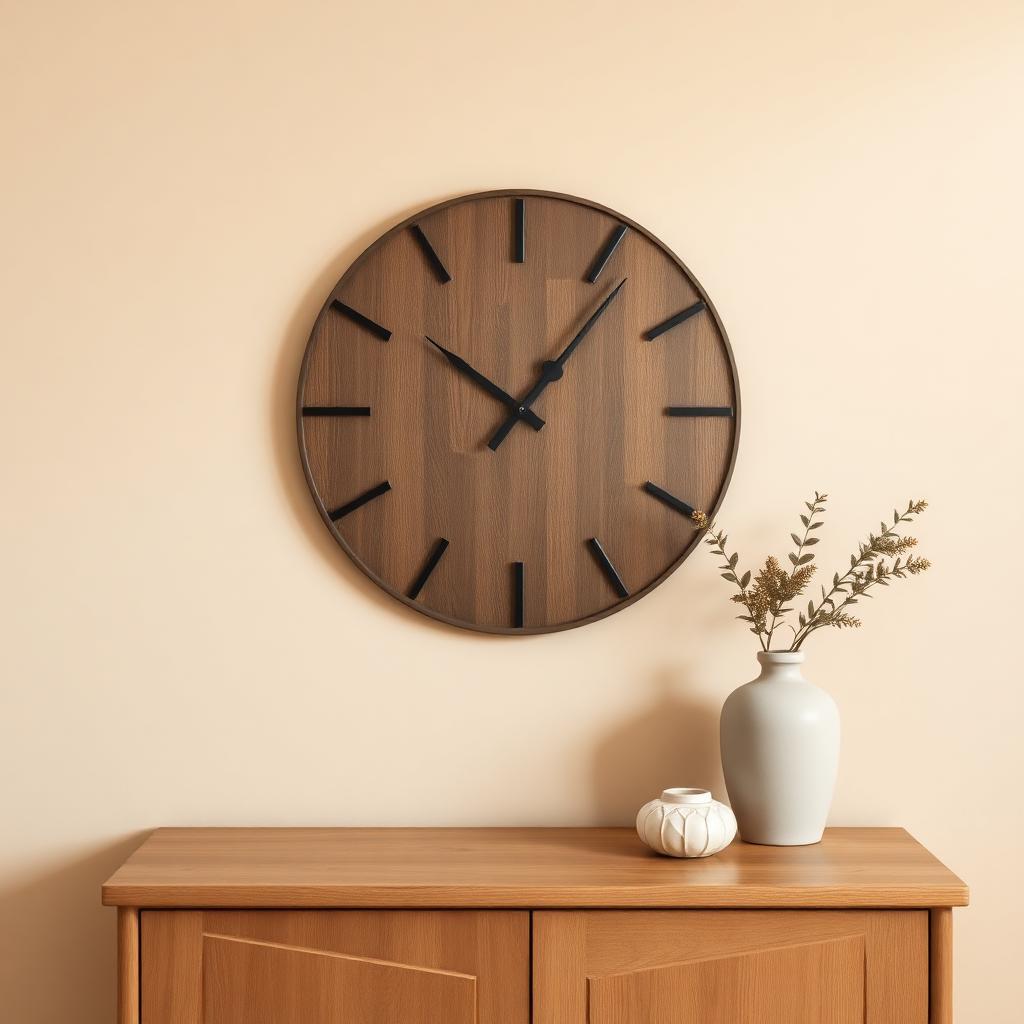 Minimalist wall clock above a wooden console and ceramic vase