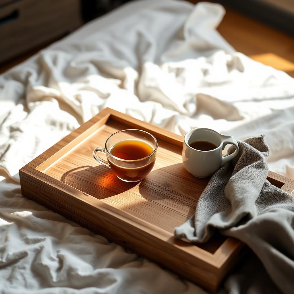 Wooden serving tray with morning coffee on a linen bed